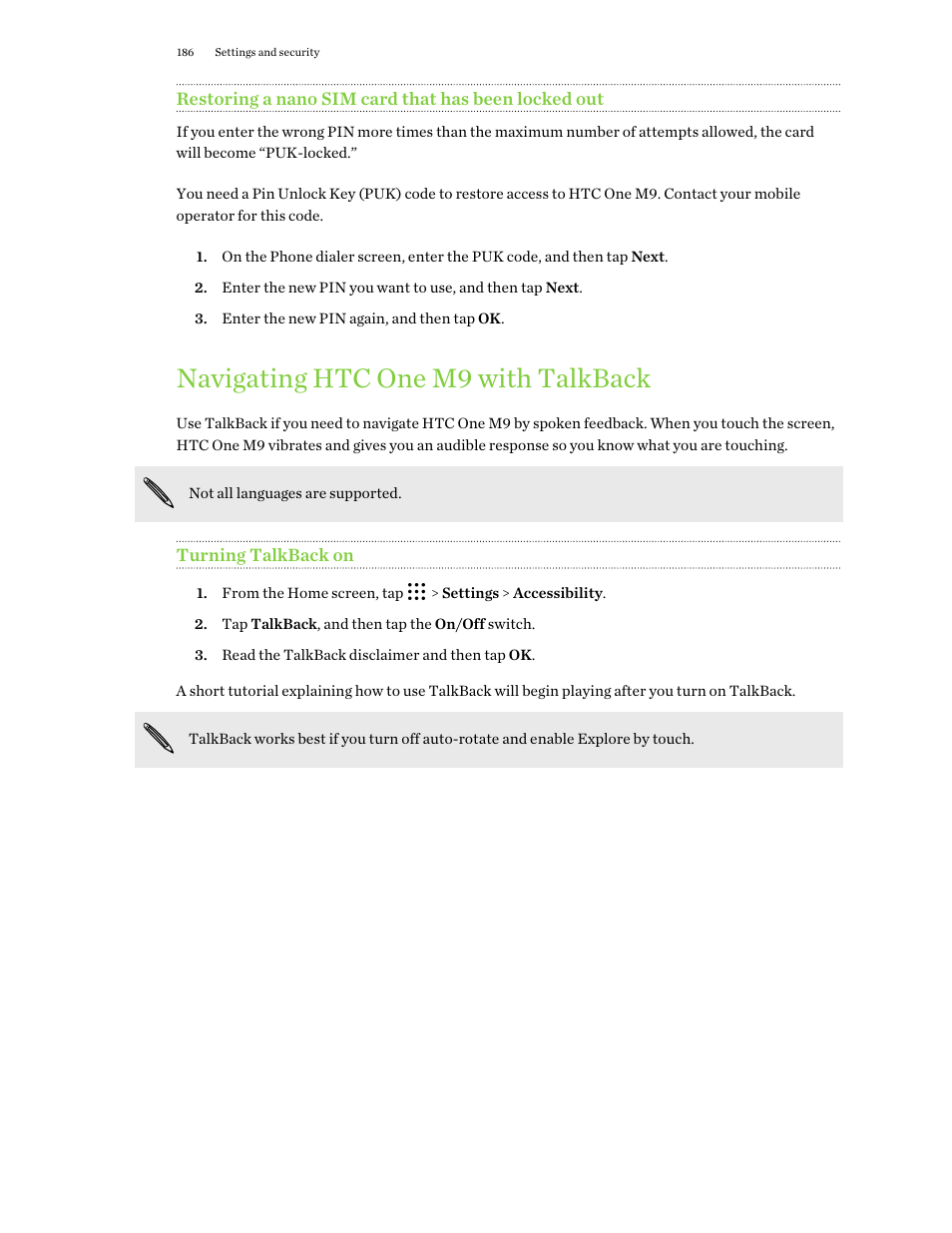 Restoring a nano sim card that has been locked out, Navigating htc one m9 with talkback, Turning talkback on | HTC One M9 User Manual | Page 186 / 197