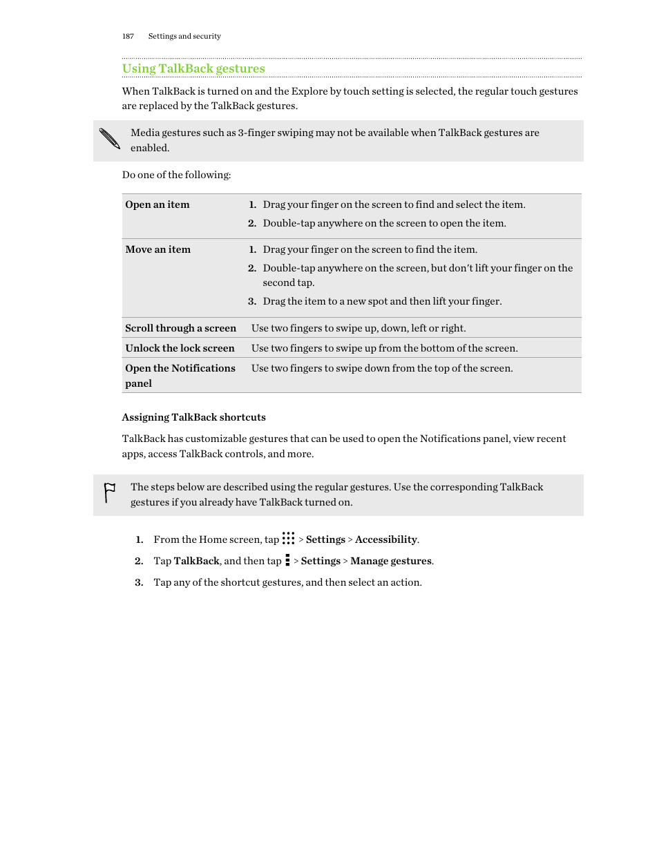Using talkback gestures, Assigning talkback shortcuts | HTC One M9 User Manual | Page 187 / 197