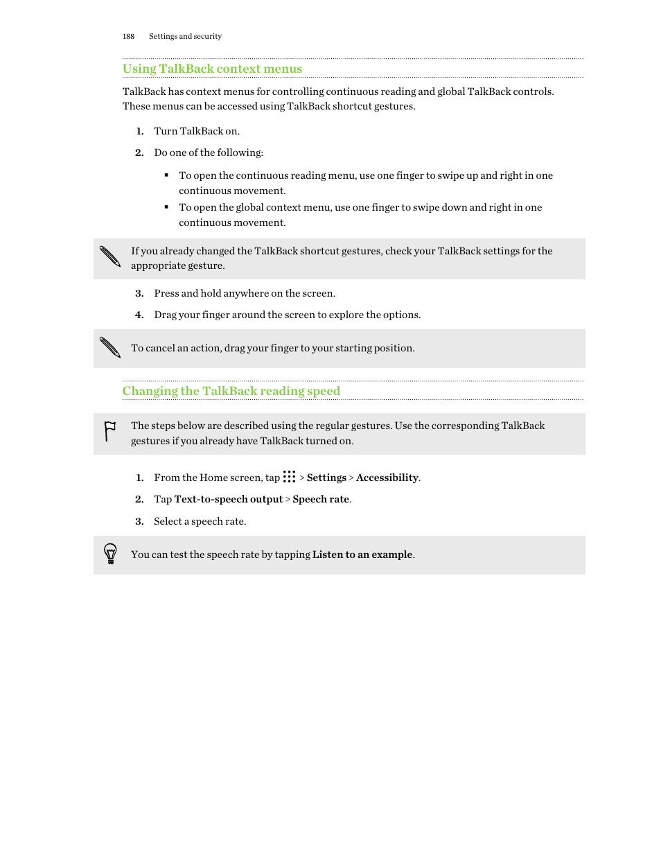 Using talkback context menus, Changing the talkback reading speed | HTC One M9 User Manual | Page 188 / 197