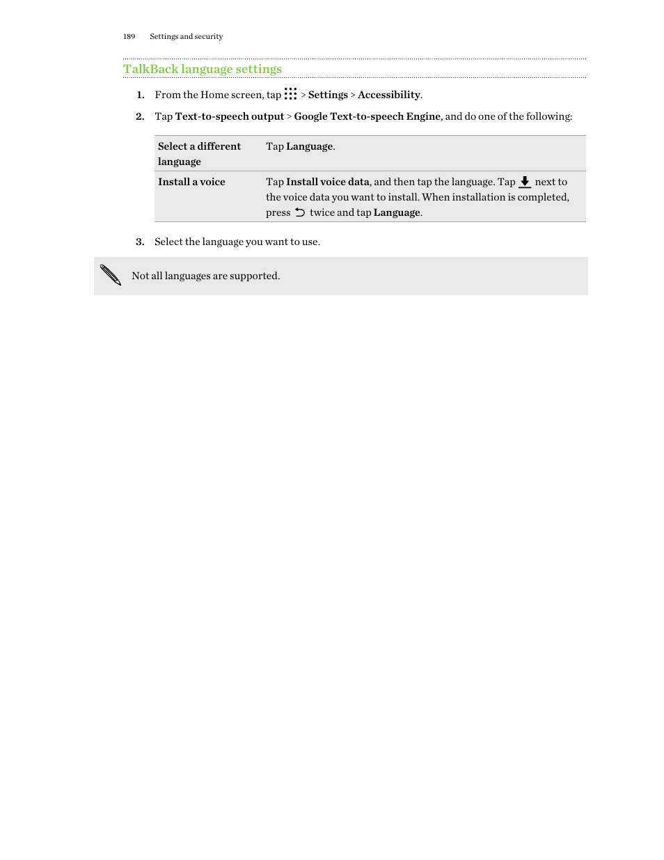 Talkback language settings | HTC One M9 User Manual | Page 189 / 197