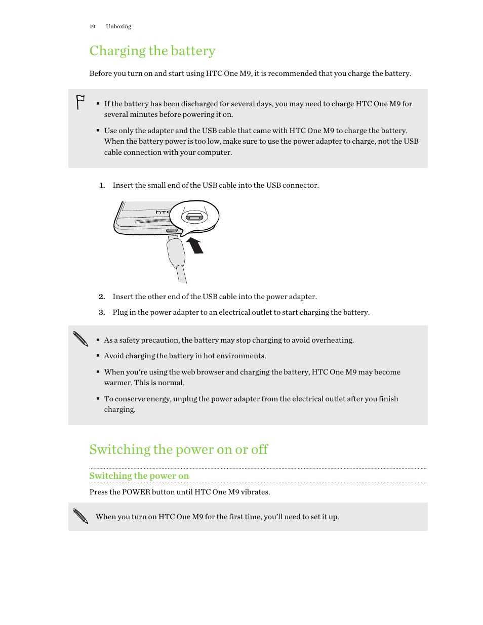 Charging the battery, Switching the power on or off, Switching the power on | HTC One M9 User Manual | Page 19 / 197