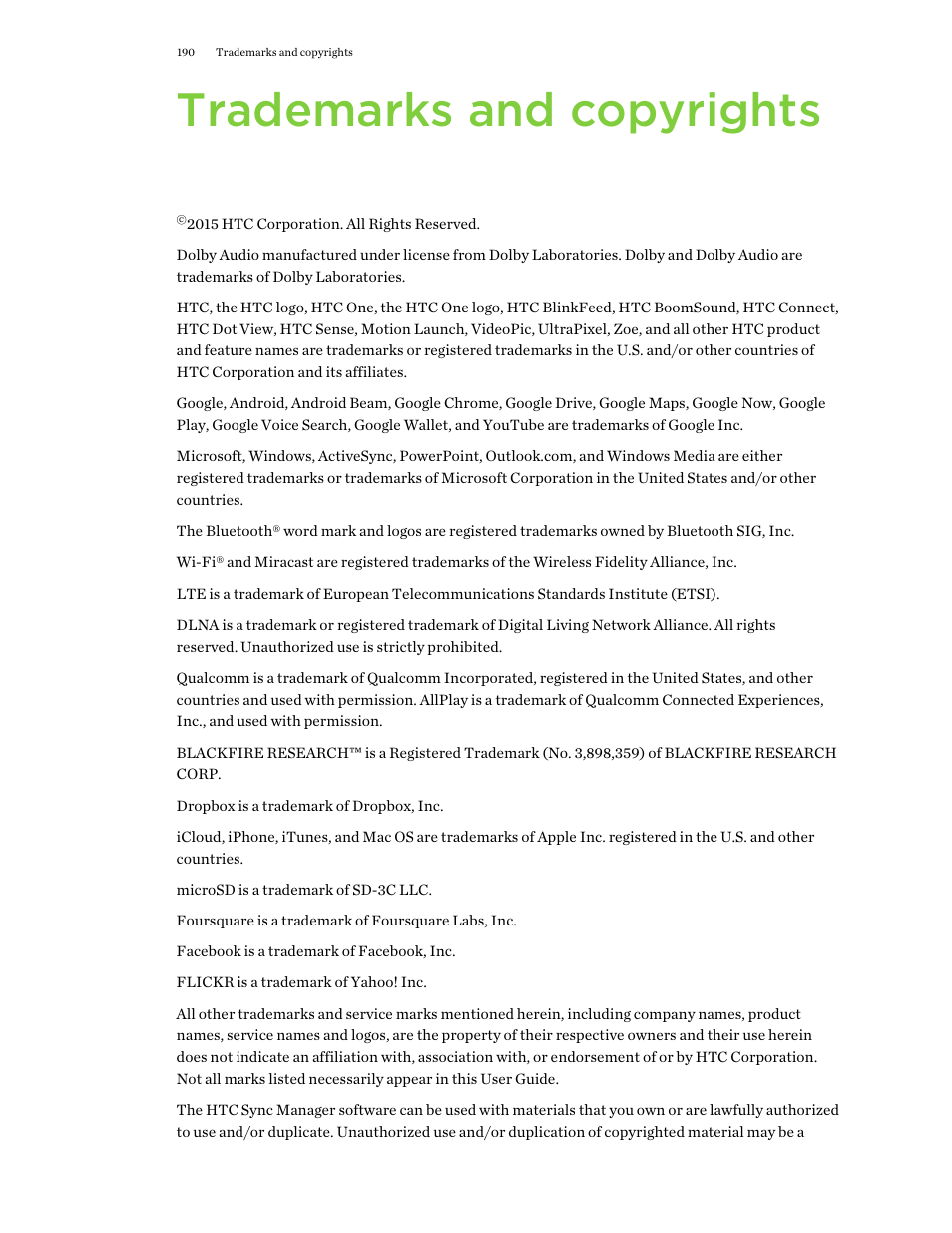 Trademarks and copyrights | HTC One M9 User Manual | Page 190 / 197