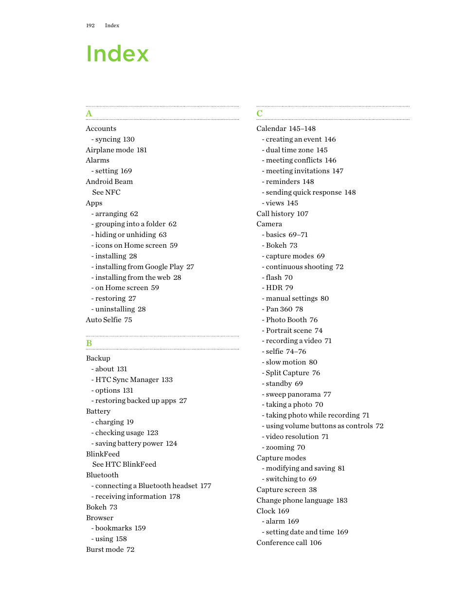 Index | HTC One M9 User Manual | Page 192 / 197