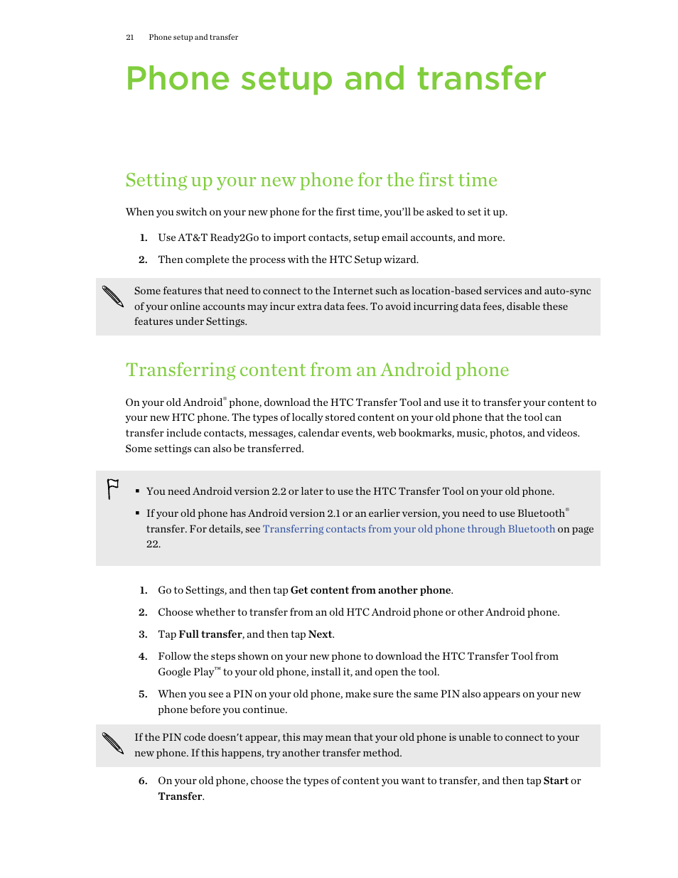 Phone setup and transfer, Setting up your new phone for the first time, Transferring content from an android phone | HTC One M9 User Manual | Page 21 / 197