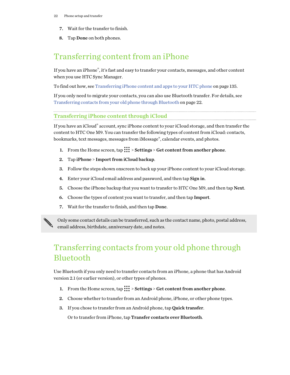 Transferring content from an iphone, Transferring iphone content through icloud | HTC One M9 User Manual | Page 22 / 197