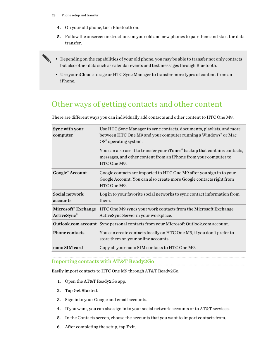 Other ways of getting contacts and other content, Importing contacts with at&t ready2go | HTC One M9 User Manual | Page 23 / 197