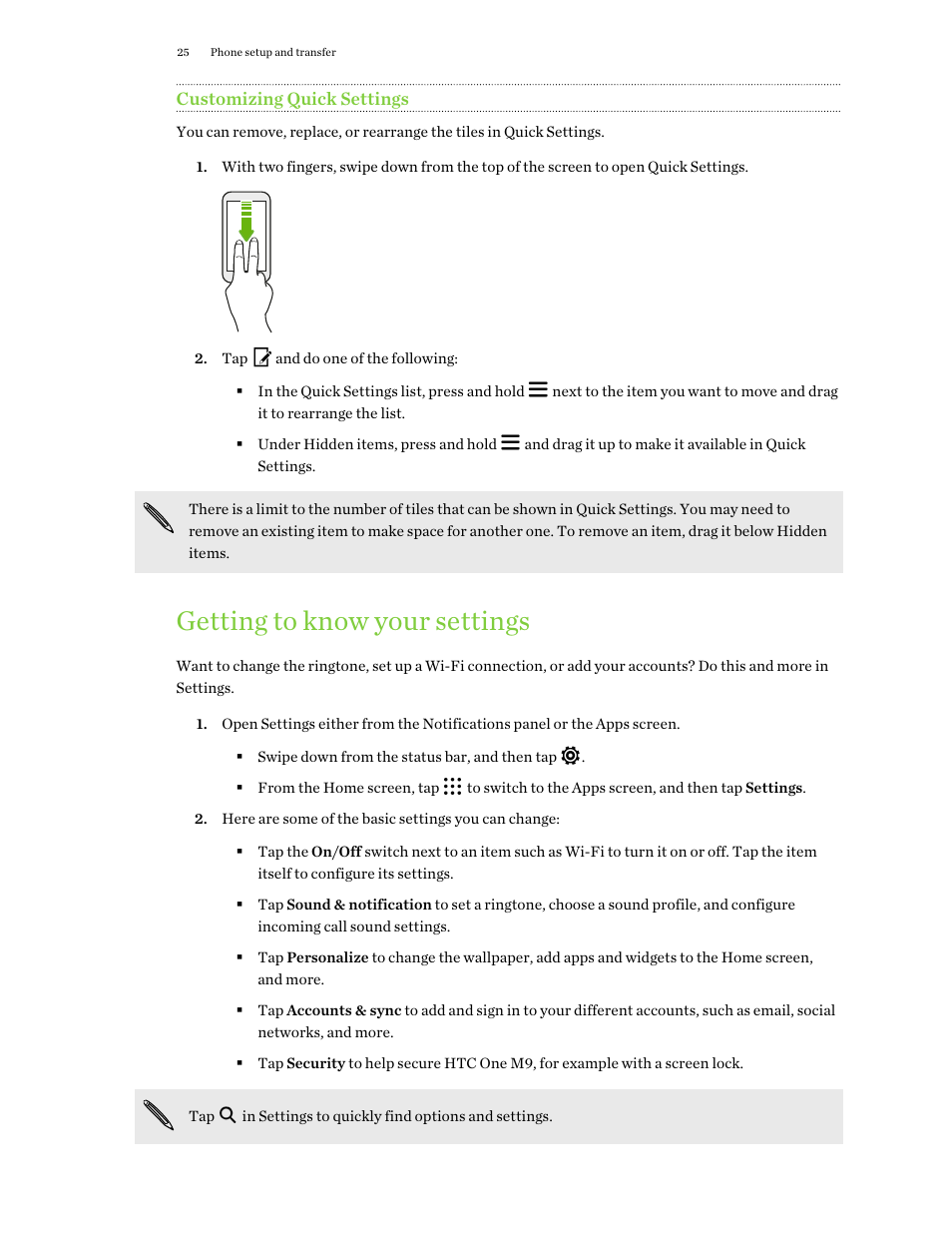 Customizing quick settings, Getting to know your settings | HTC One M9 User Manual | Page 25 / 197