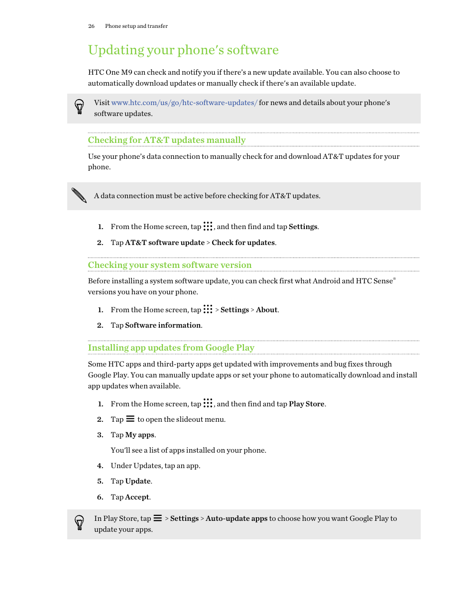 Updating your phone's software, Checking for at&t updates manually, Checking your system software version | Installing app updates from google play | HTC One M9 User Manual | Page 26 / 197