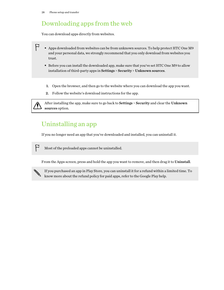 Downloading apps from the web, Uninstalling an app | HTC One M9 User Manual | Page 28 / 197