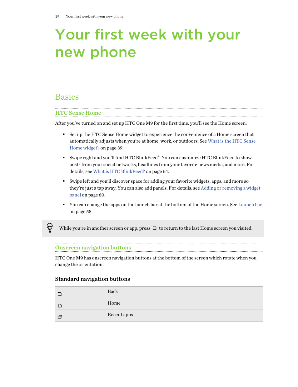 Your first week with your new phone, Basics, Htc sense home | Onscreen navigation buttons | HTC One M9 User Manual | Page 29 / 197