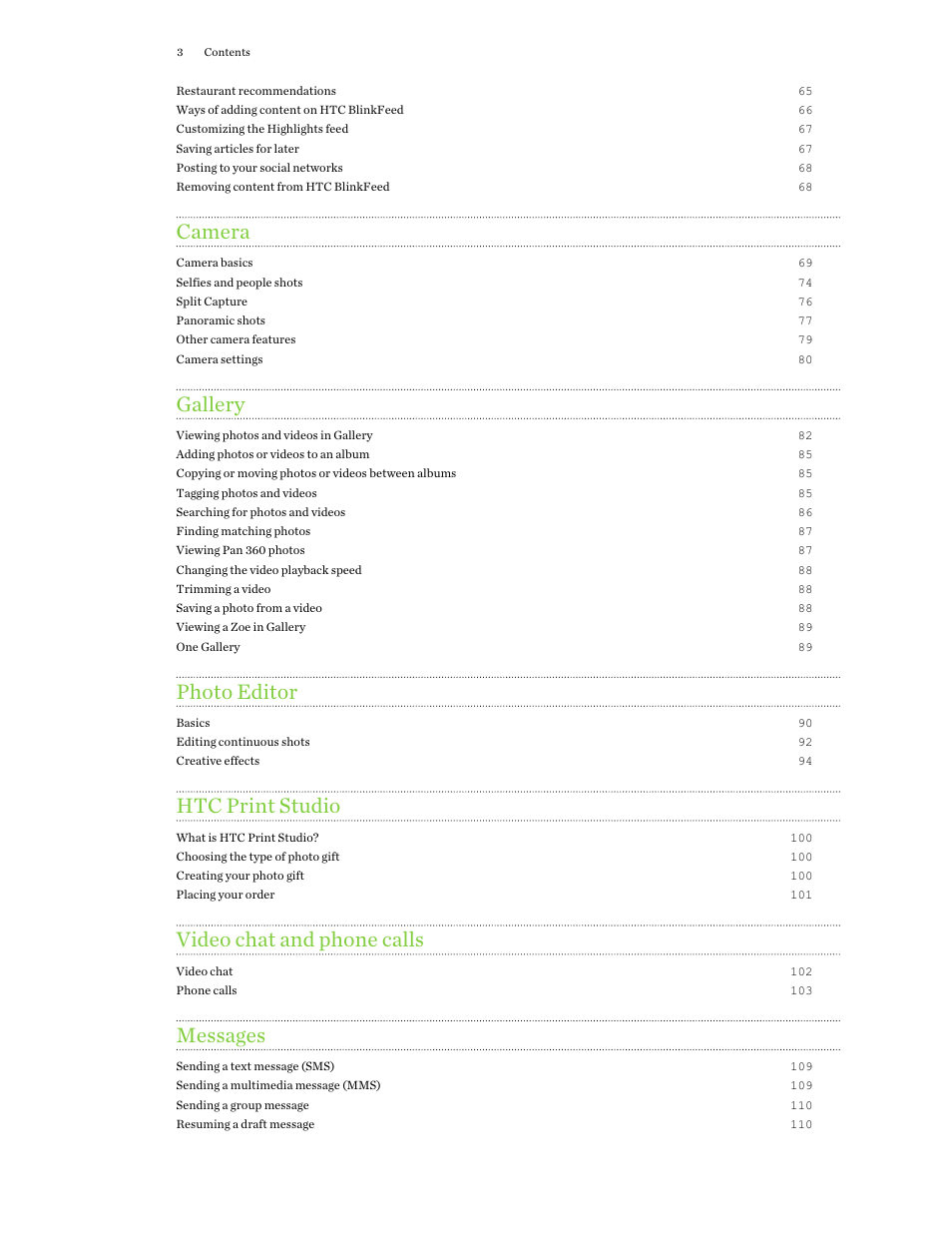 Camera, Gallery, Photo editor | Htc print studio, Video chat and phone calls, Messages | HTC One M9 User Manual | Page 3 / 197