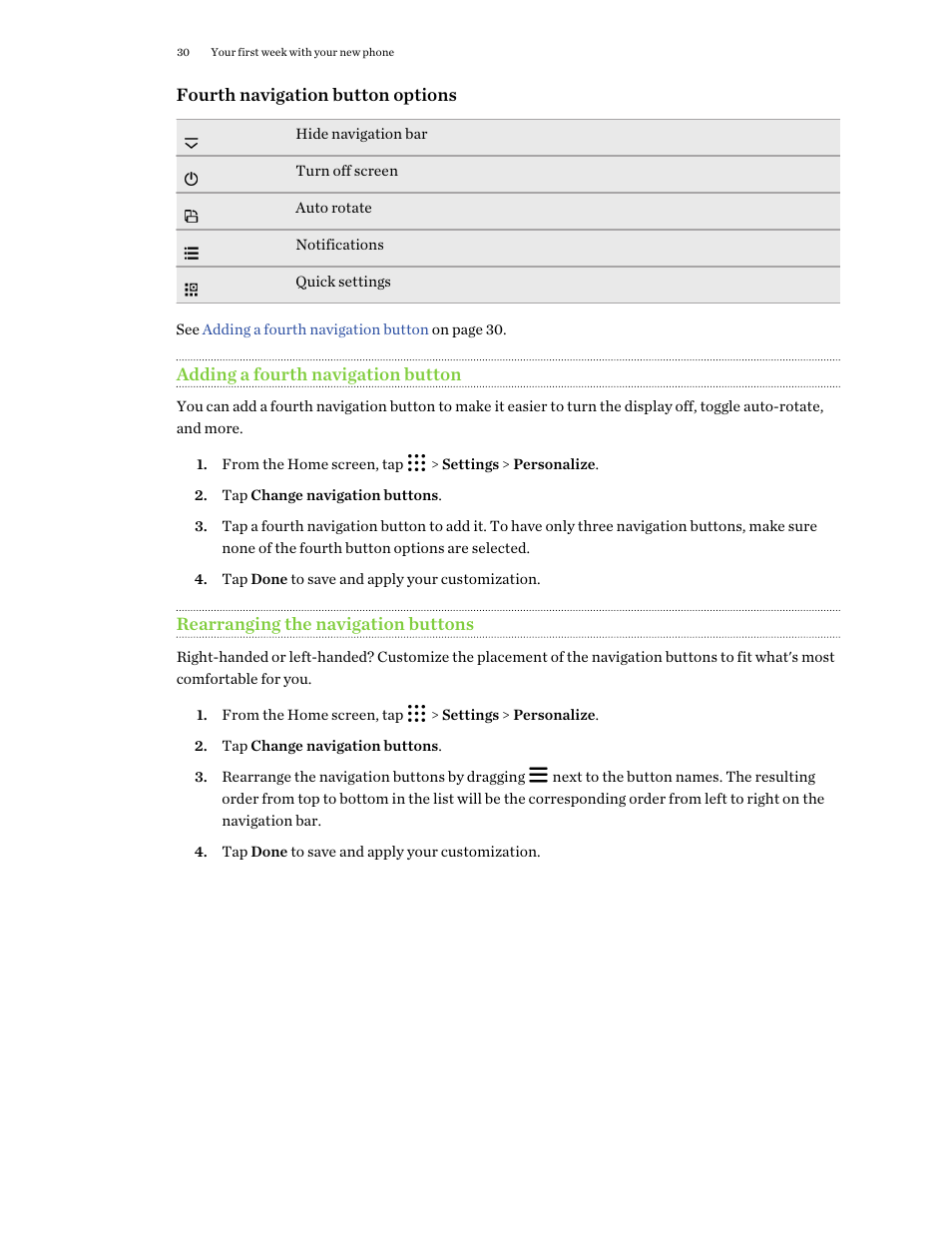 Adding a fourth navigation button, Rearranging the navigation buttons | HTC One M9 User Manual | Page 30 / 197