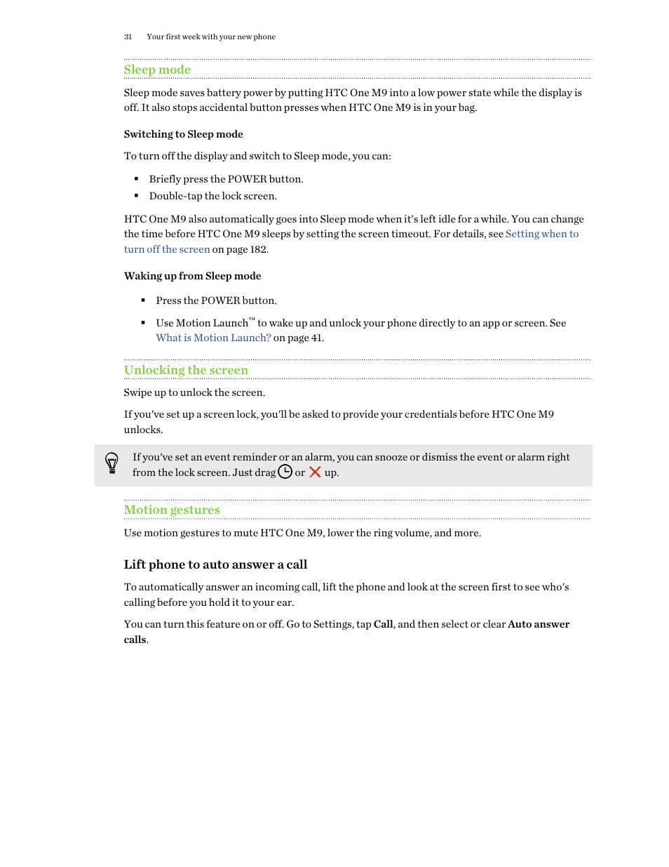 Sleep mode, Switching to sleep mode, Waking up from sleep mode | Unlocking the screen, Motion gestures | HTC One M9 User Manual | Page 31 / 197