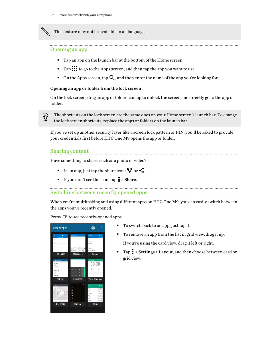 Opening an app, Opening an app or folder from the lock screen, Sharing content | Switching between recently opened apps | HTC One M9 User Manual | Page 37 / 197