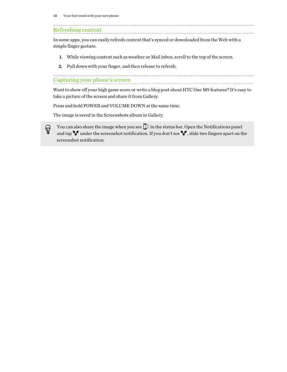 Refreshing content, Capturing your phone's screen | HTC One M9 User Manual | Page 38 / 197