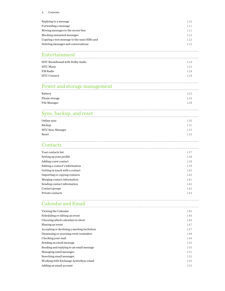 Entertainment, Power and storage management, Sync, backup, and reset | Contacts, Calendar and email | HTC One M9 User Manual | Page 4 / 197