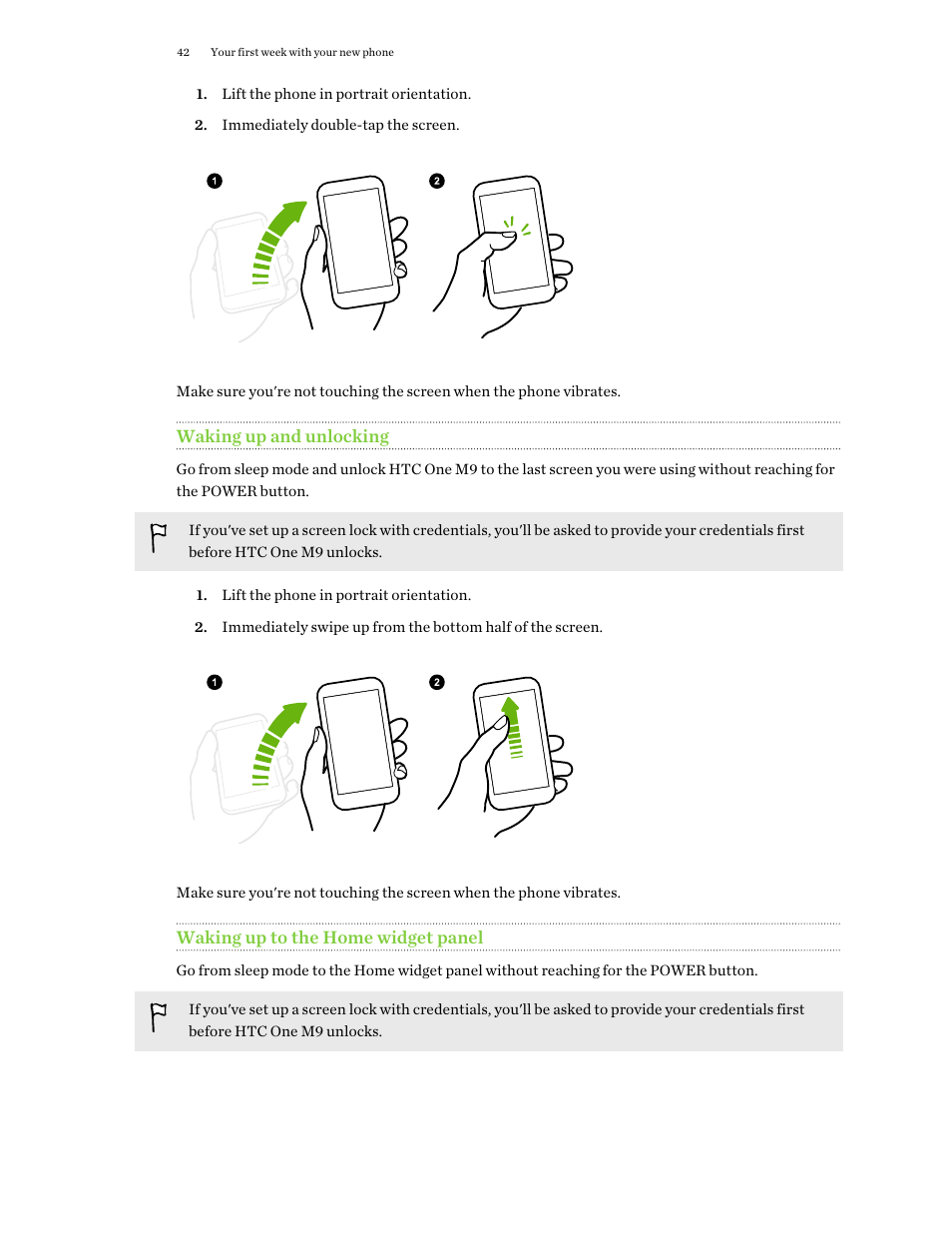 Waking up and unlocking, Waking up to the home widget panel | HTC One M9 User Manual | Page 42 / 197