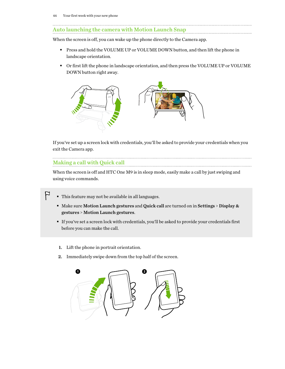Auto launching the camera with motion launch snap, Making a call with quick call | HTC One M9 User Manual | Page 44 / 197