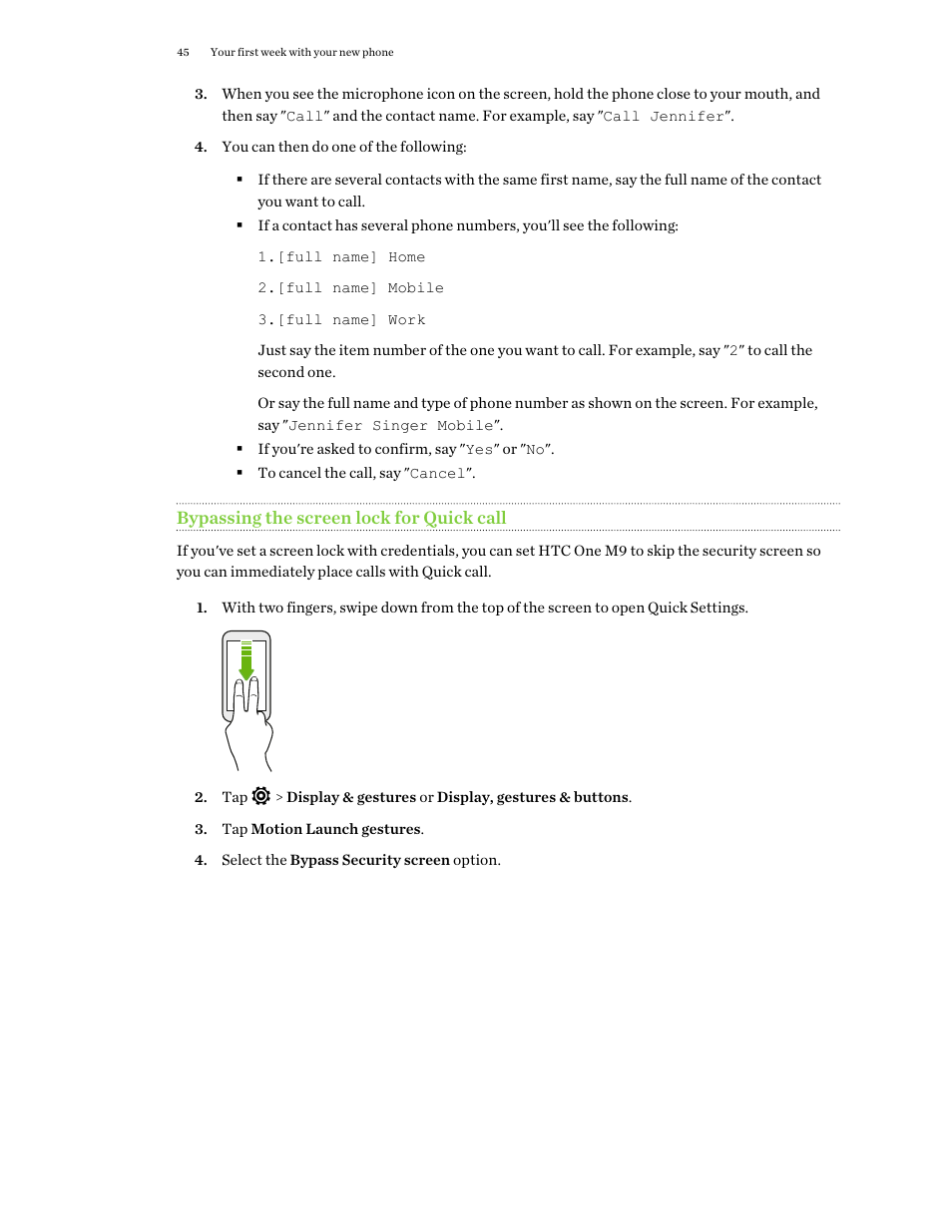 Bypassing the screen lock for quick call | HTC One M9 User Manual | Page 45 / 197