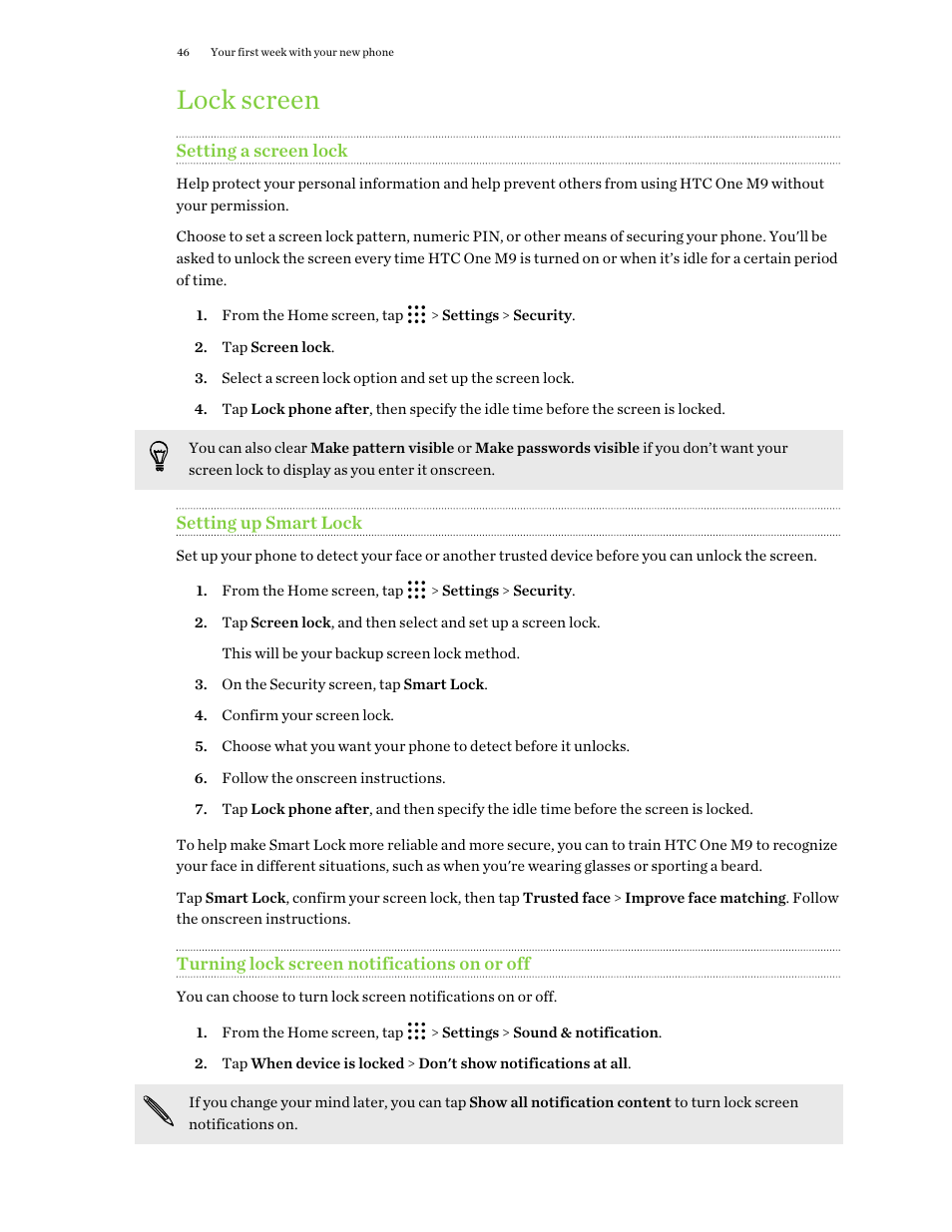 Lock screen, Setting a screen lock, Setting up smart lock | Turning lock screen notifications on or off | HTC One M9 User Manual | Page 46 / 197