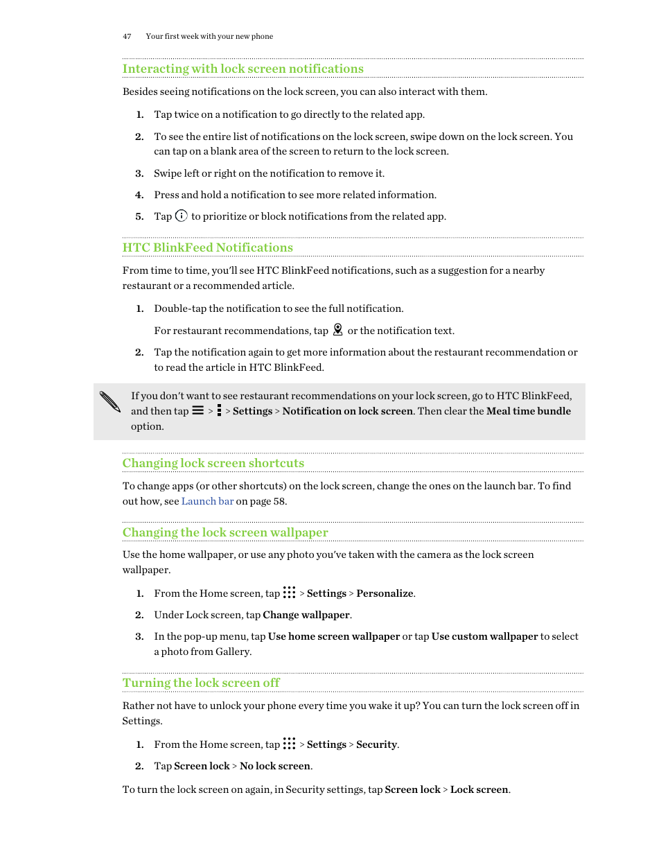 Interacting with lock screen notifications, Htc blinkfeed notifications, Changing lock screen shortcuts | Changing the lock screen wallpaper, Turning the lock screen off | HTC One M9 User Manual | Page 47 / 197
