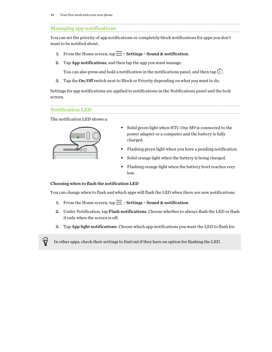 Managing app notifications, Notification led, Choosing when to flash the notification led | HTC One M9 User Manual | Page 49 / 197