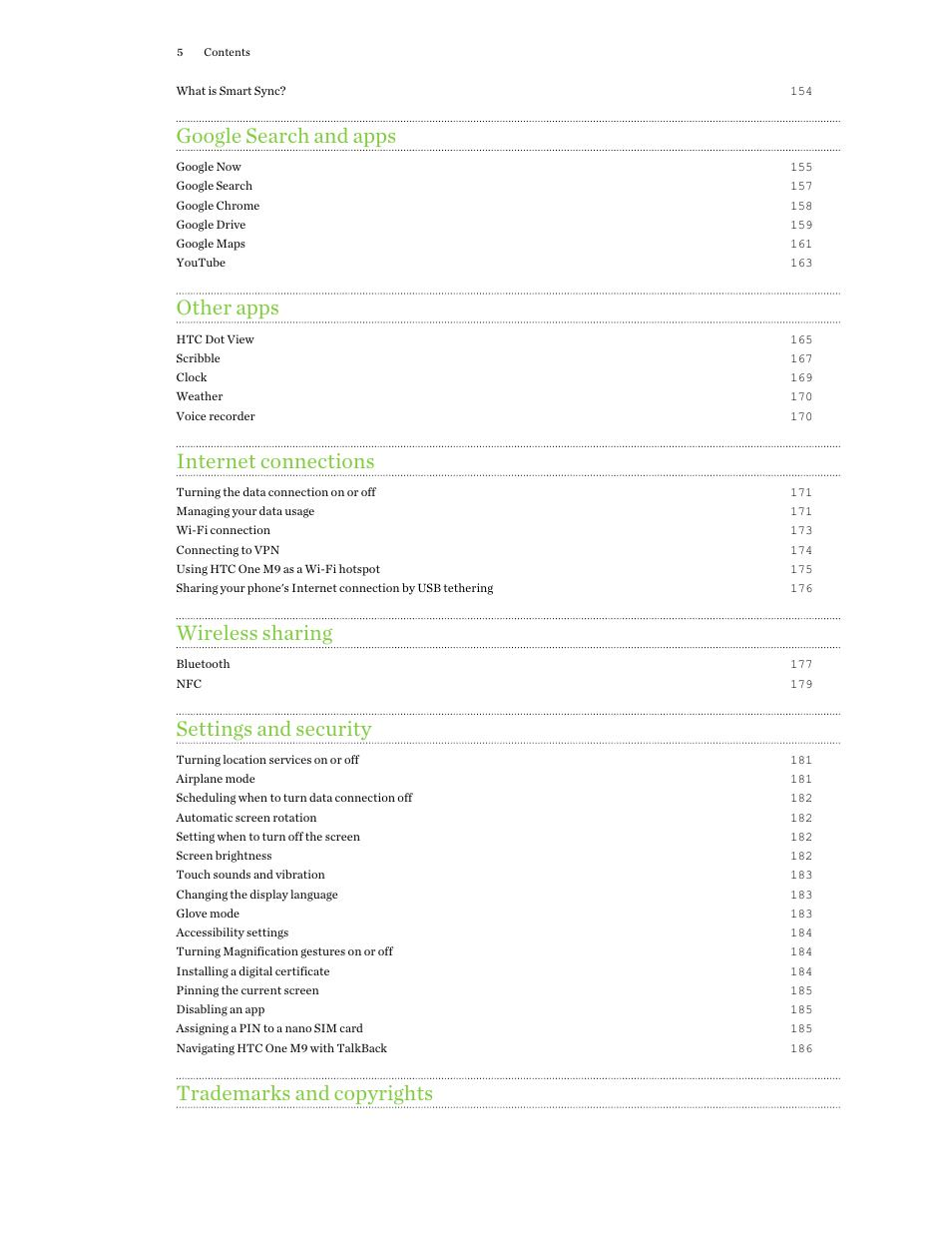 Google search and apps, Other apps, Internet connections | Wireless sharing, Settings and security, Trademarks and copyrights | HTC One M9 User Manual | Page 5 / 197