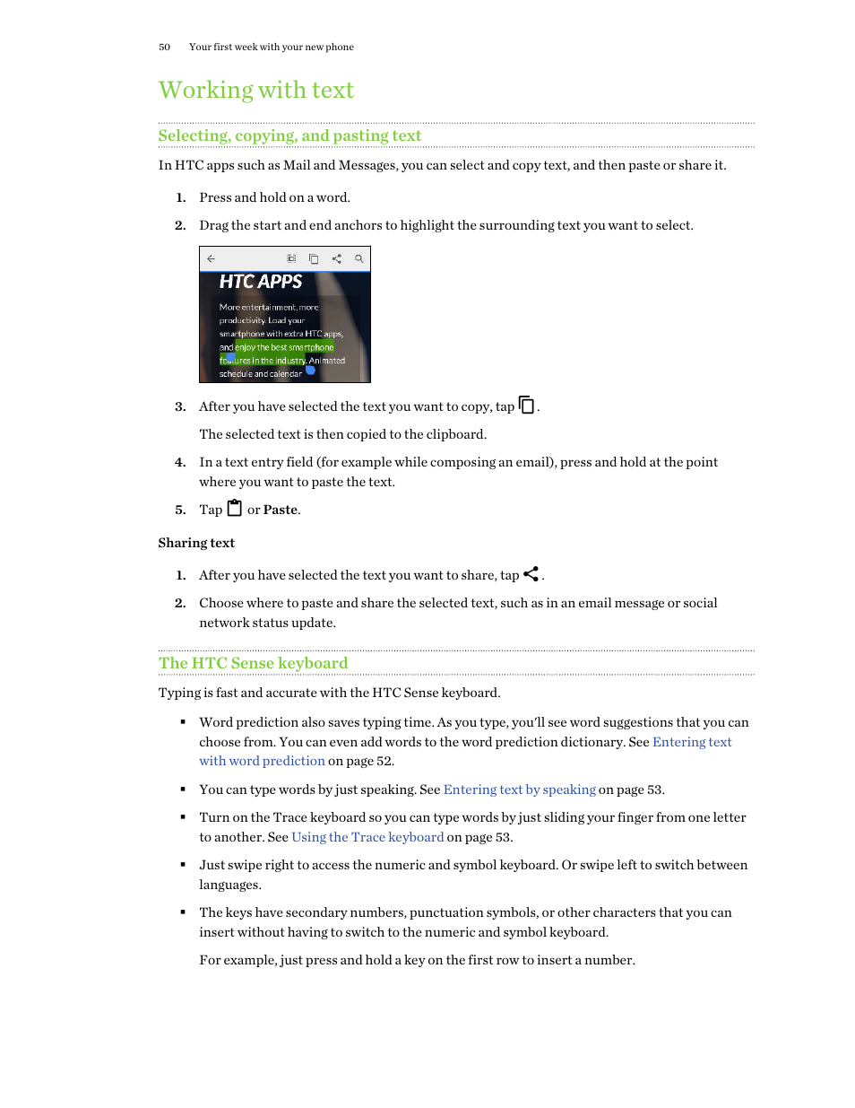 Working with text, Selecting, copying, and pasting text, Sharing text | The htc sense keyboard | HTC One M9 User Manual | Page 50 / 197