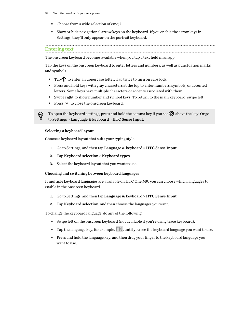 Entering text, Selecting a keyboard layout, Choosing and switching between keyboard languages | HTC One M9 User Manual | Page 51 / 197