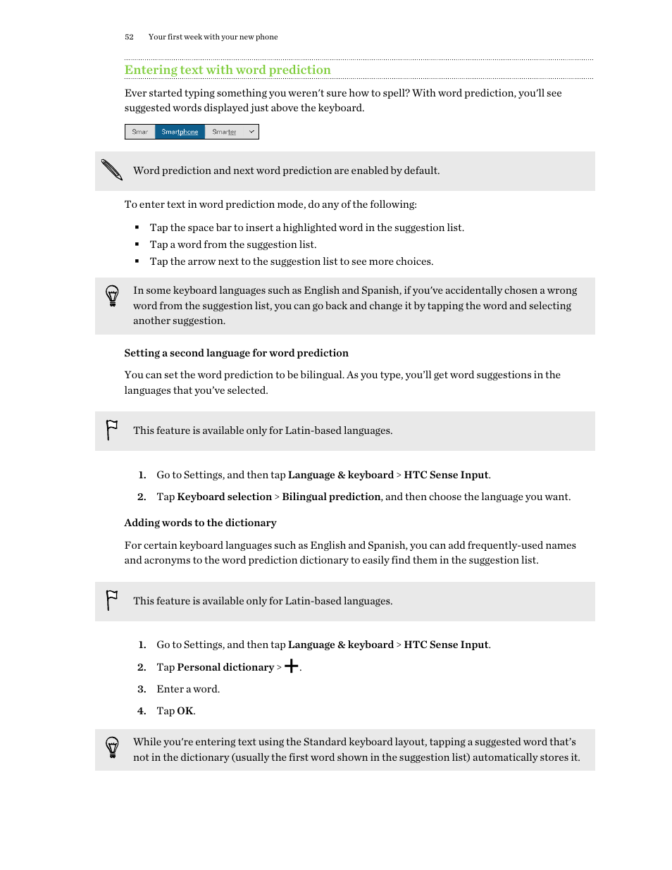 Entering text with word prediction, Setting a second language for word prediction, Adding words to the dictionary | Entering text, With word prediction | HTC One M9 User Manual | Page 52 / 197