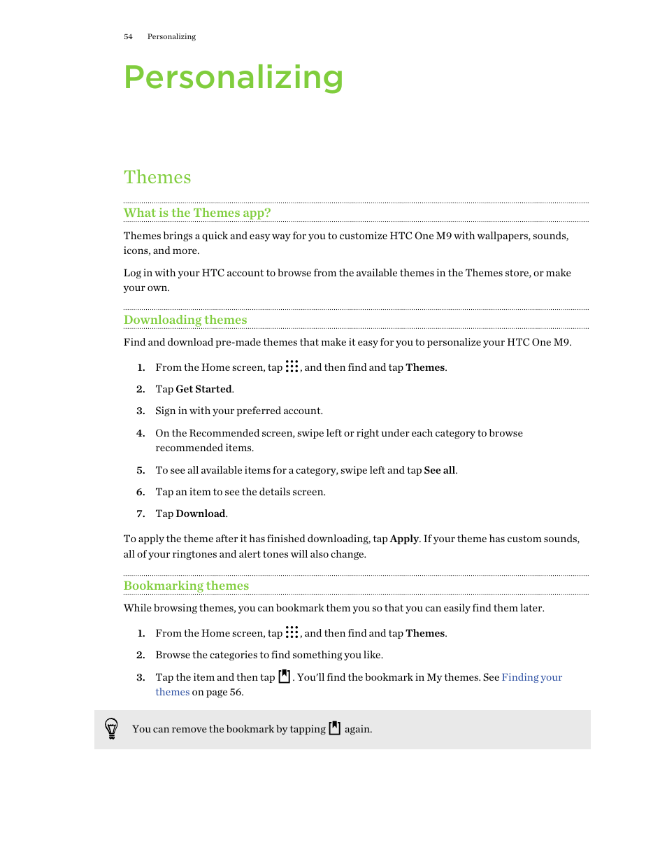 Personalizing, Themes, What is the themes app | Downloading themes, Bookmarking themes, Sounds, color schemes, and more. see, What is the, Themes app | HTC One M9 User Manual | Page 54 / 197