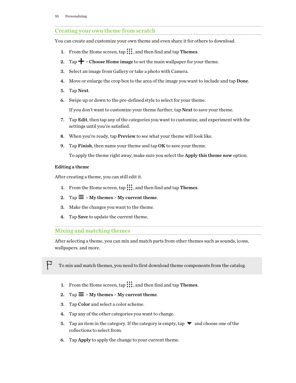 Creating your own theme from scratch, Editing a theme, Mixing and matching themes | HTC One M9 User Manual | Page 55 / 197
