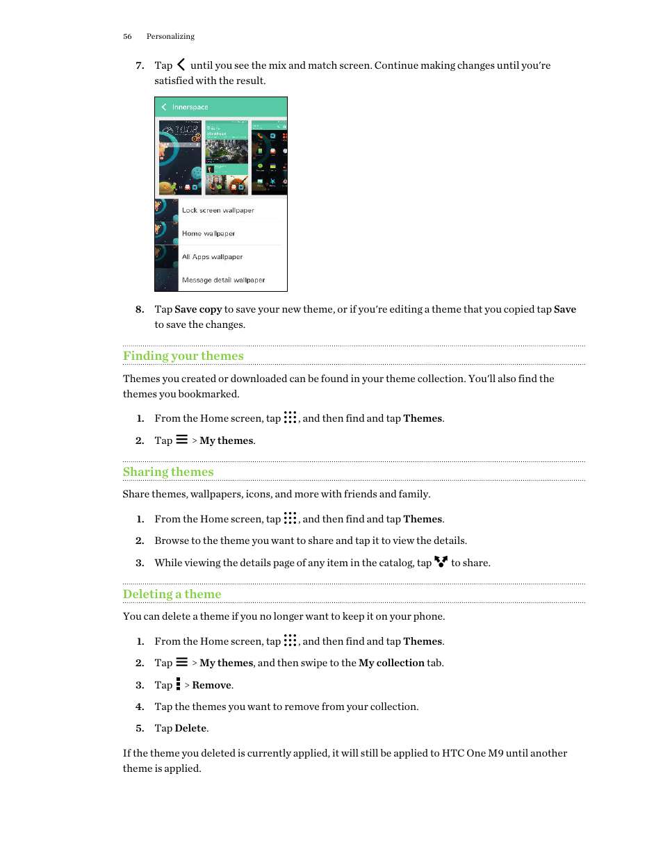 Finding your themes, Sharing themes, Deleting a theme | You'll find the bookmark in my themes. see, Finding your, Themes | HTC One M9 User Manual | Page 56 / 197