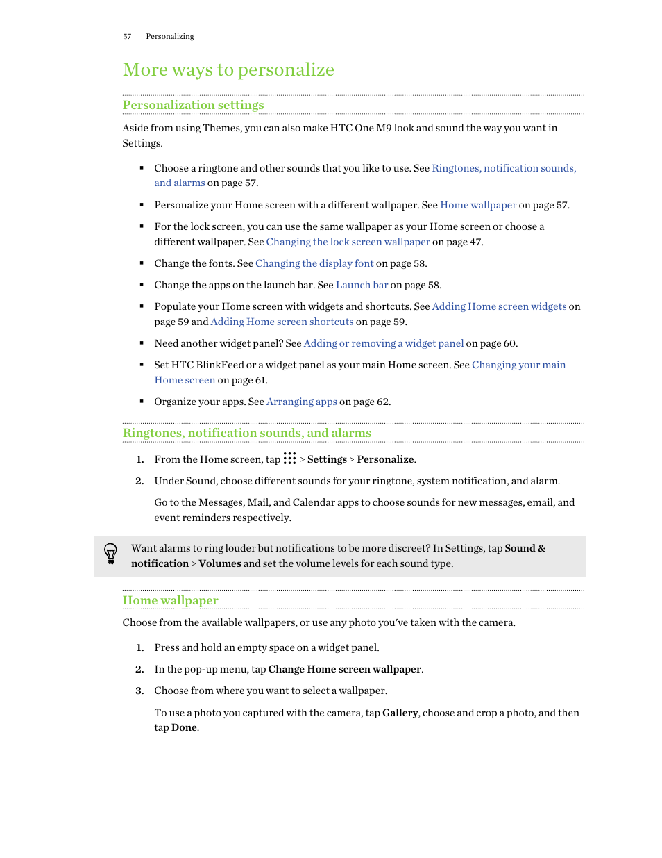 More ways to personalize, Personalization settings, Ringtones, notification sounds, and alarms | Home wallpaper | HTC One M9 User Manual | Page 57 / 197