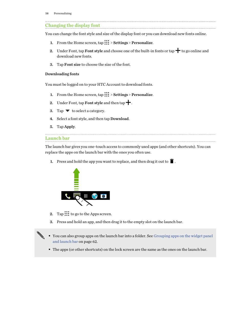 Changing the display font, Downloading fonts, Launch bar | Change the fonts. see | HTC One M9 User Manual | Page 58 / 197