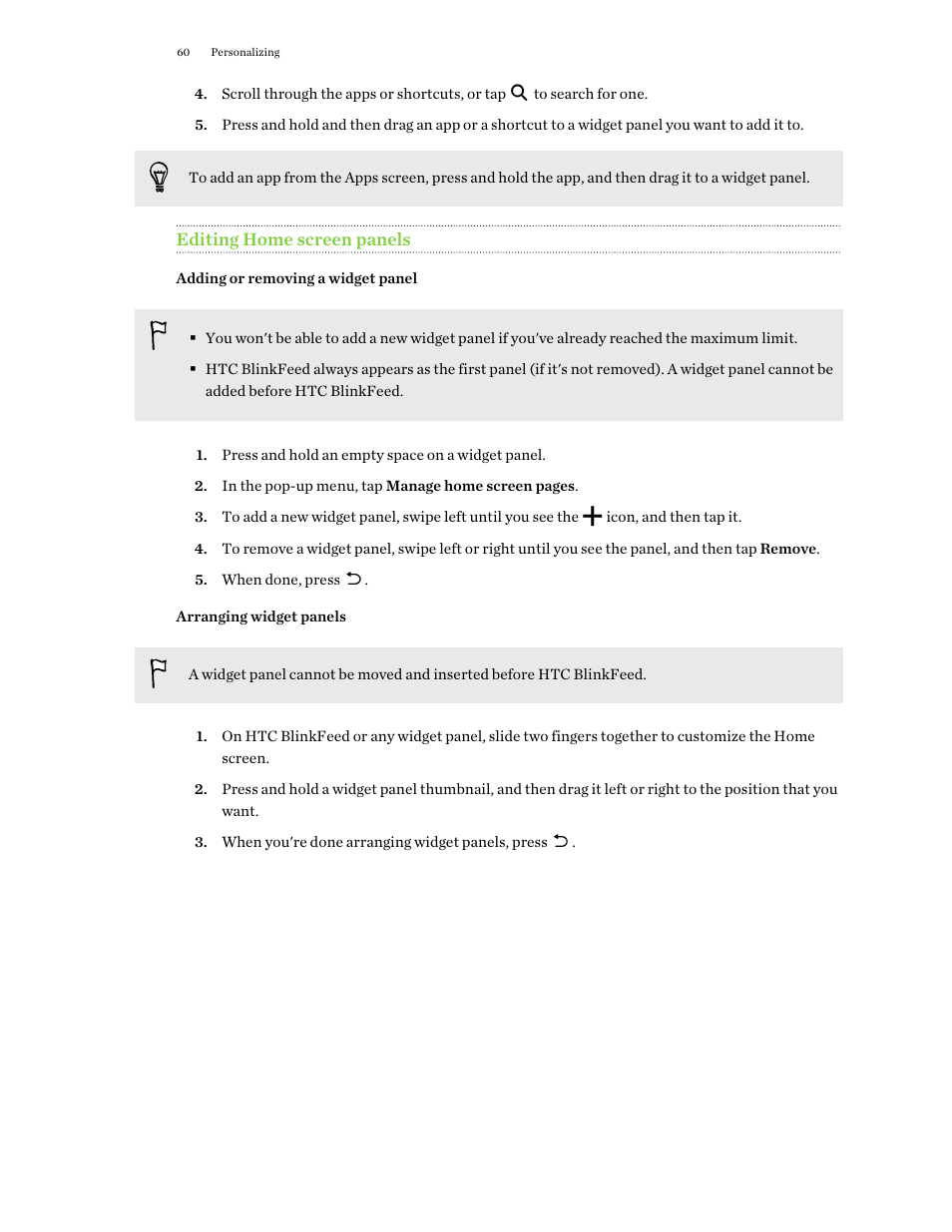 Editing home screen panels, Adding or removing a widget panel, Arranging widget panels | Adding or removing a widget, Panel | HTC One M9 User Manual | Page 60 / 197