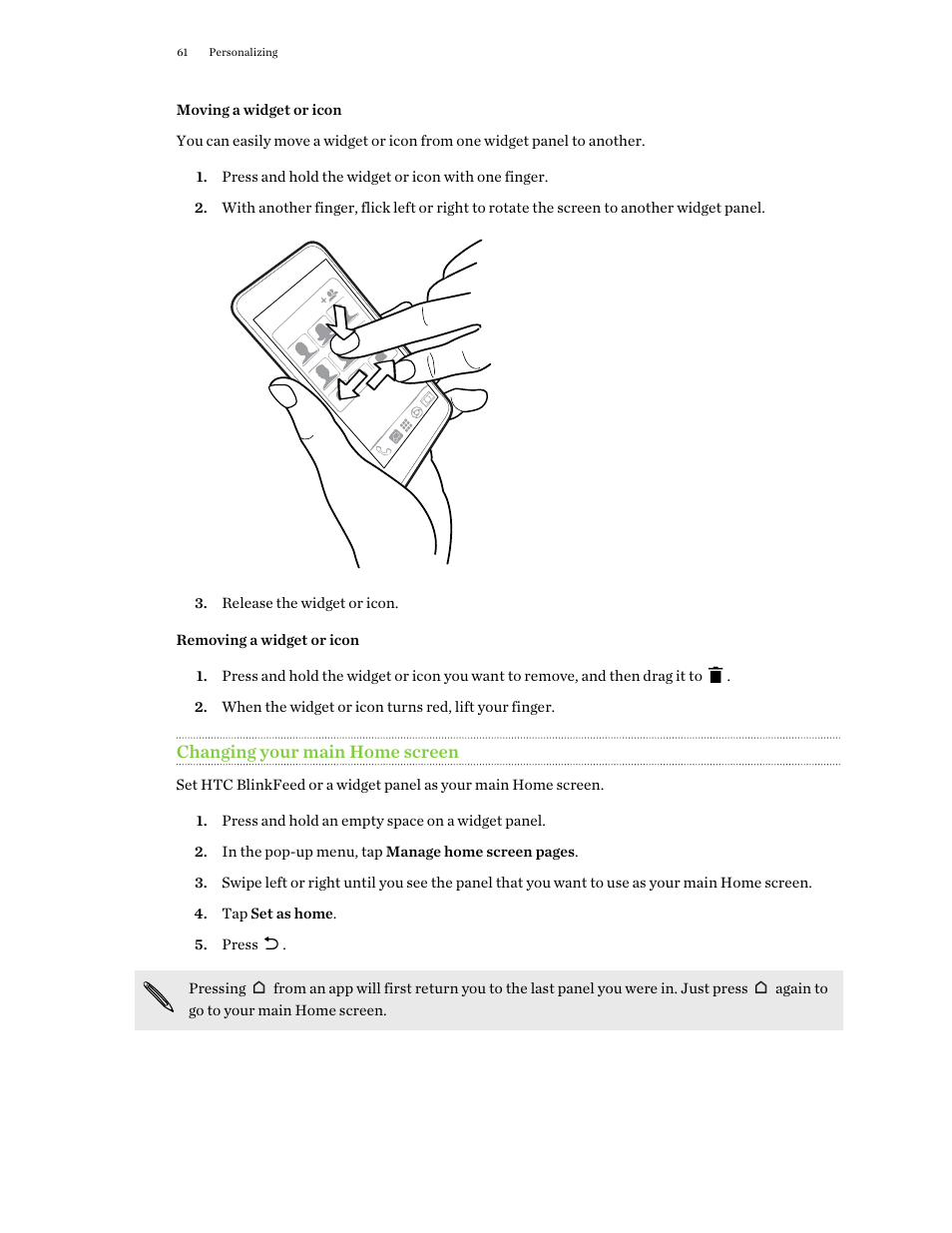 Moving a widget or icon, Removing a widget or icon, Changing your main home screen | Changing your main, Home screen | HTC One M9 User Manual | Page 61 / 197