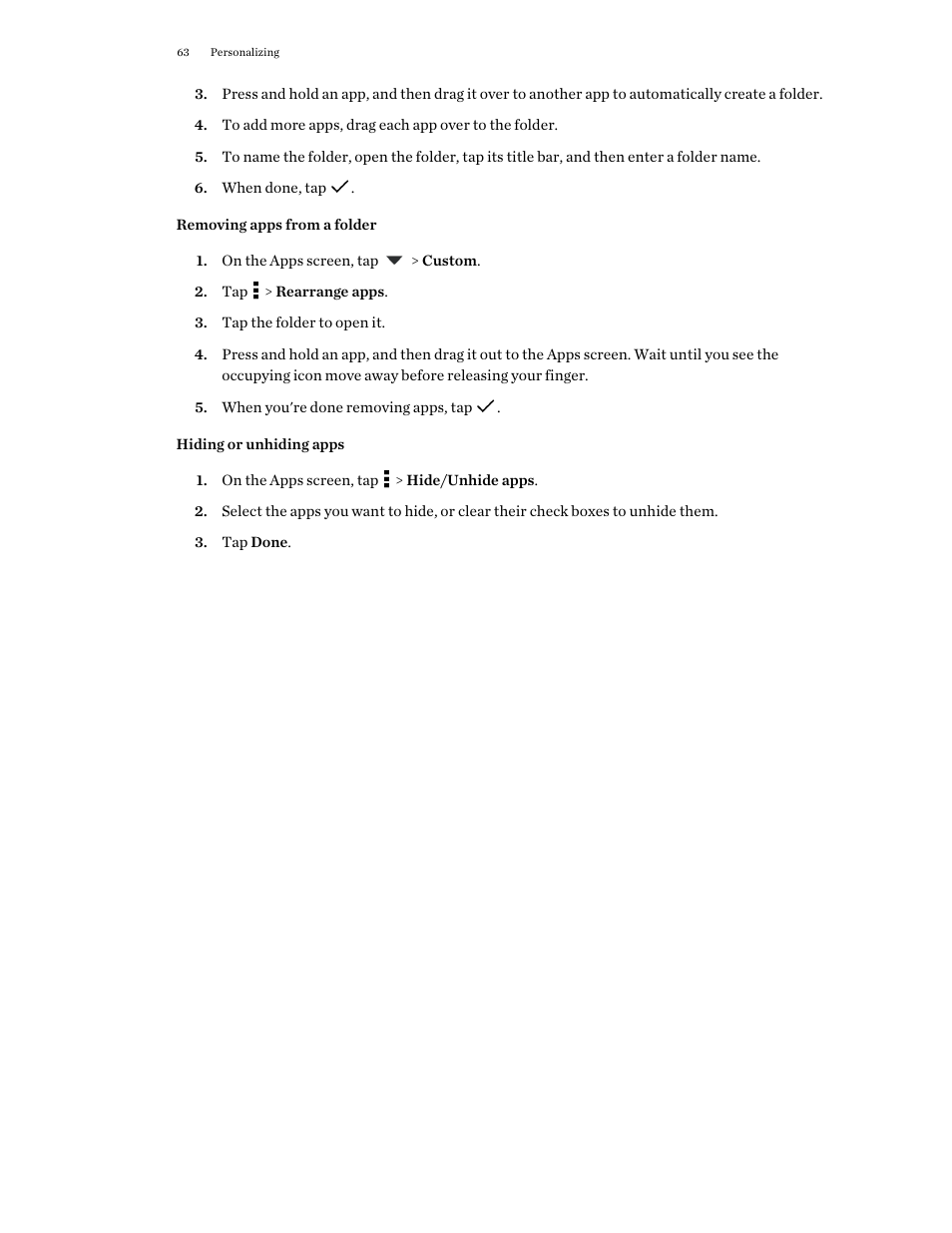 Removing apps from a folder, Hiding or unhiding apps | HTC One M9 User Manual | Page 63 / 197