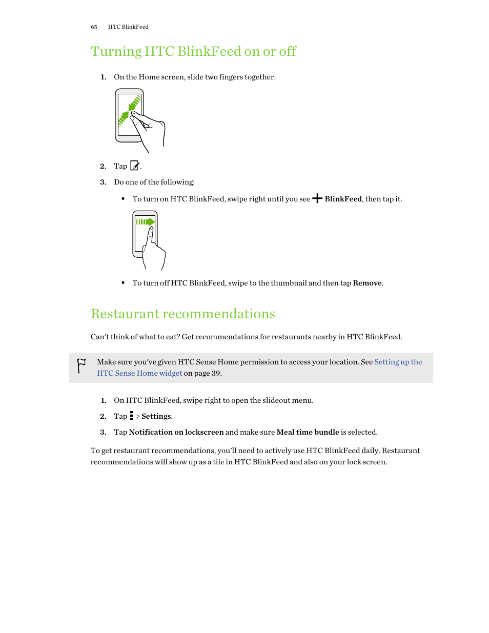 Turning htc blinkfeed on or off, Restaurant recommendations | HTC One M9 User Manual | Page 65 / 197