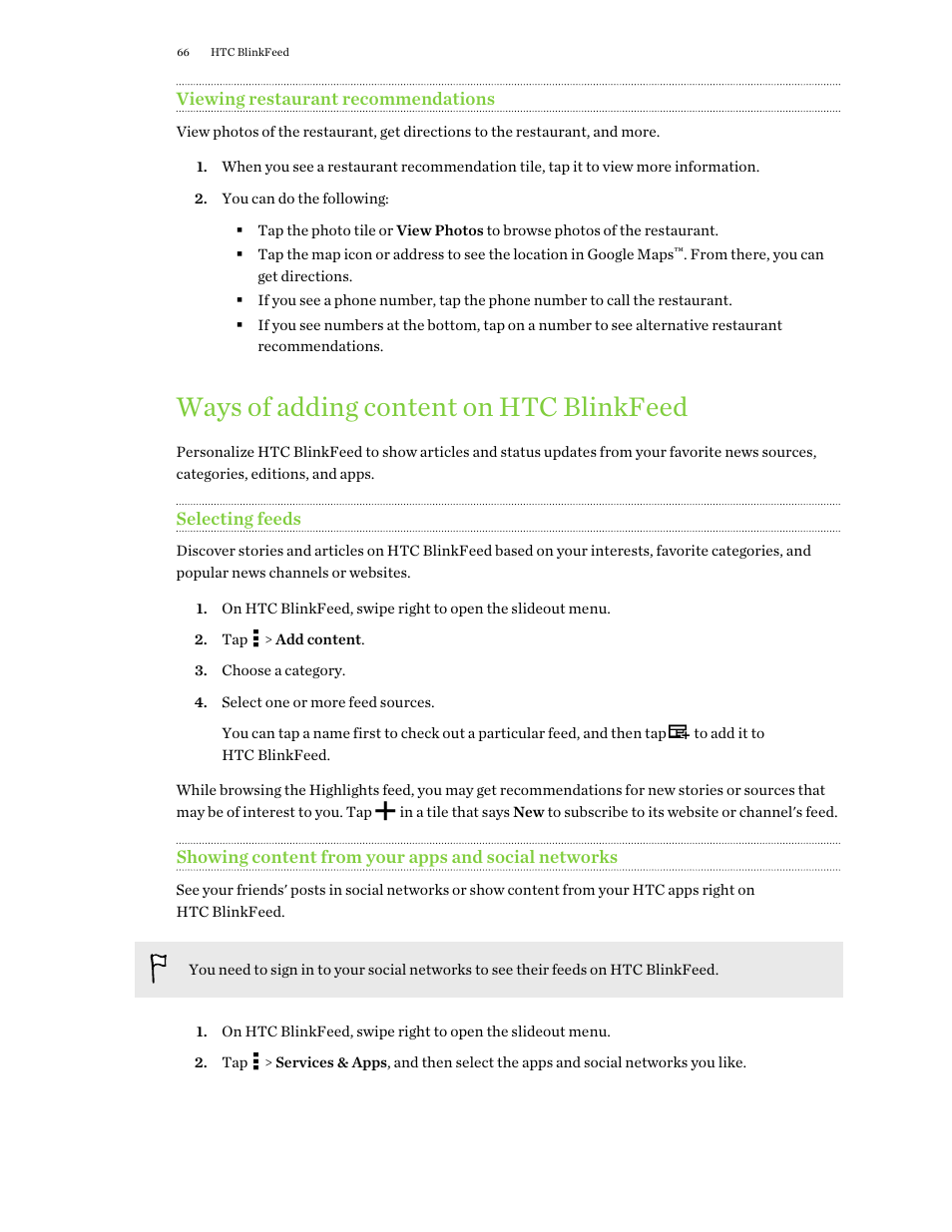 Viewing restaurant recommendations, Ways of adding content on htc blinkfeed, Selecting feeds | Showing content from your apps and social networks | HTC One M9 User Manual | Page 66 / 197