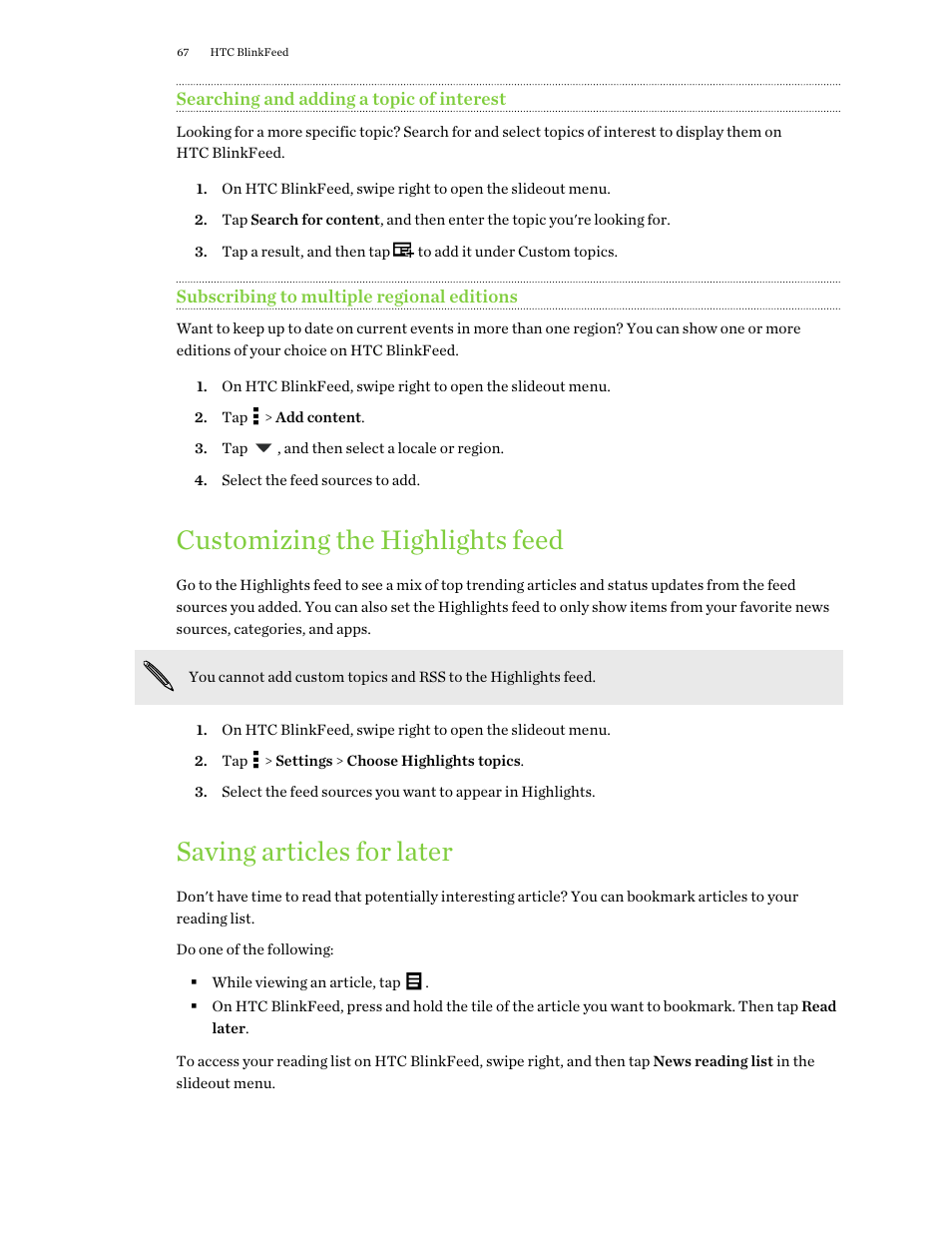 Searching and adding a topic of interest, Subscribing to multiple regional editions, Customizing the highlights feed | Saving articles for later | HTC One M9 User Manual | Page 67 / 197