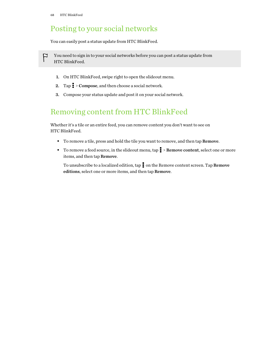 Posting to your social networks, Removing content from htc blinkfeed | HTC One M9 User Manual | Page 68 / 197