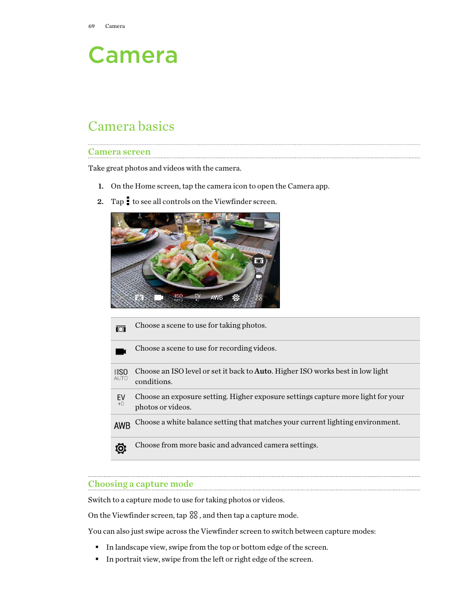 Camera, Camera basics, Camera screen | Choosing a capture mode | HTC One M9 User Manual | Page 69 / 197