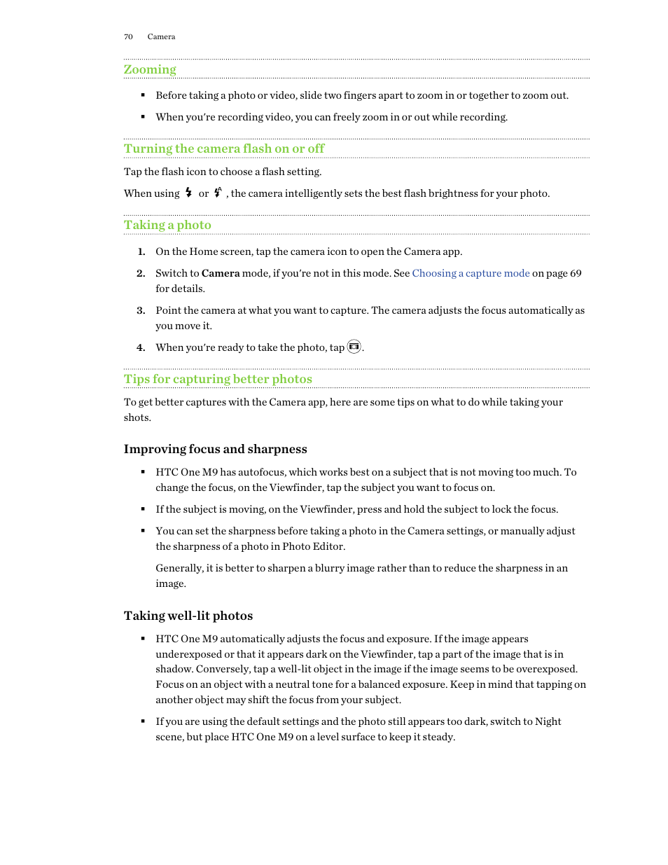 Zooming, Turning the camera flash on or off, Taking a photo | Tips for capturing better photos | HTC One M9 User Manual | Page 70 / 197