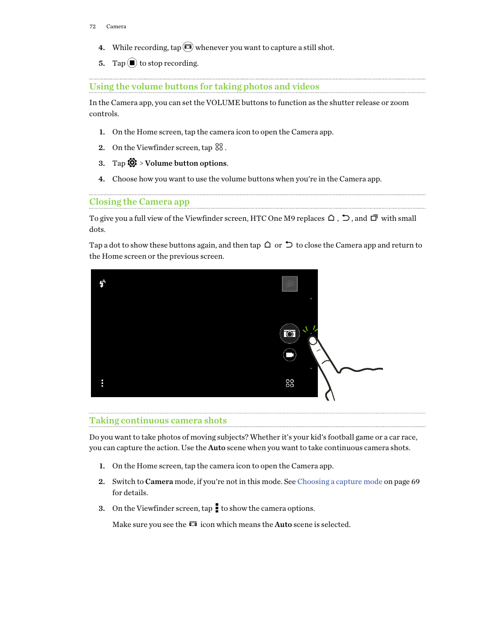 Closing the camera app, Taking continuous camera shots | HTC One M9 User Manual | Page 72 / 197