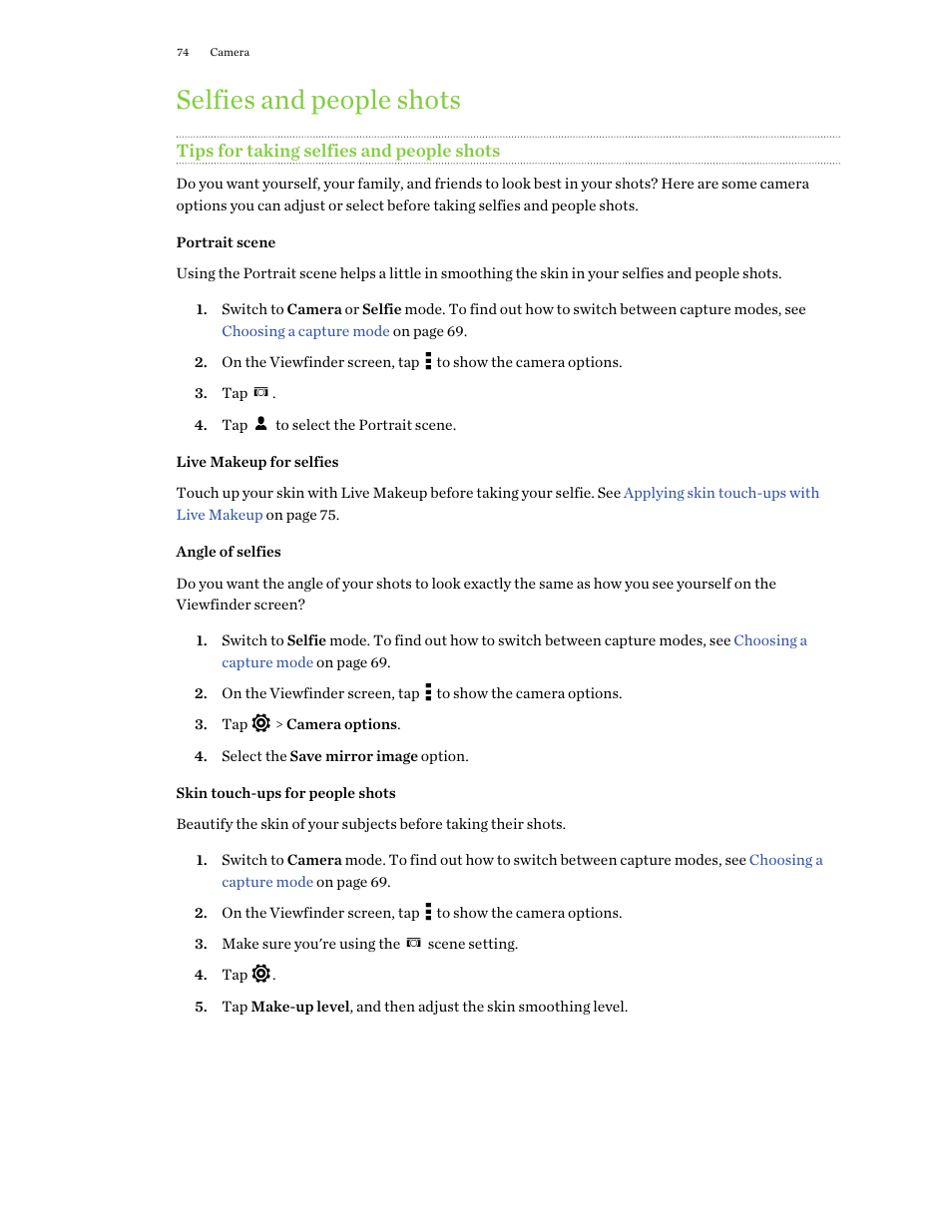 Selfies and people shots, Tips for taking selfies and people shots, Portrait scene | Live makeup for selfies, Angle of selfies, Skin touch-ups for people shots | HTC One M9 User Manual | Page 74 / 197