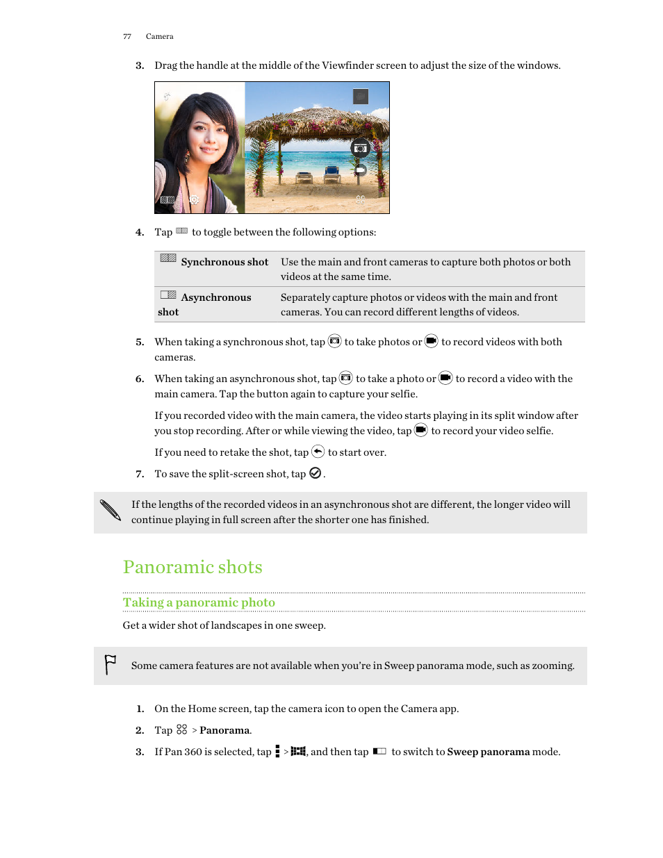 Panoramic shots, Taking a panoramic photo | HTC One M9 User Manual | Page 77 / 197