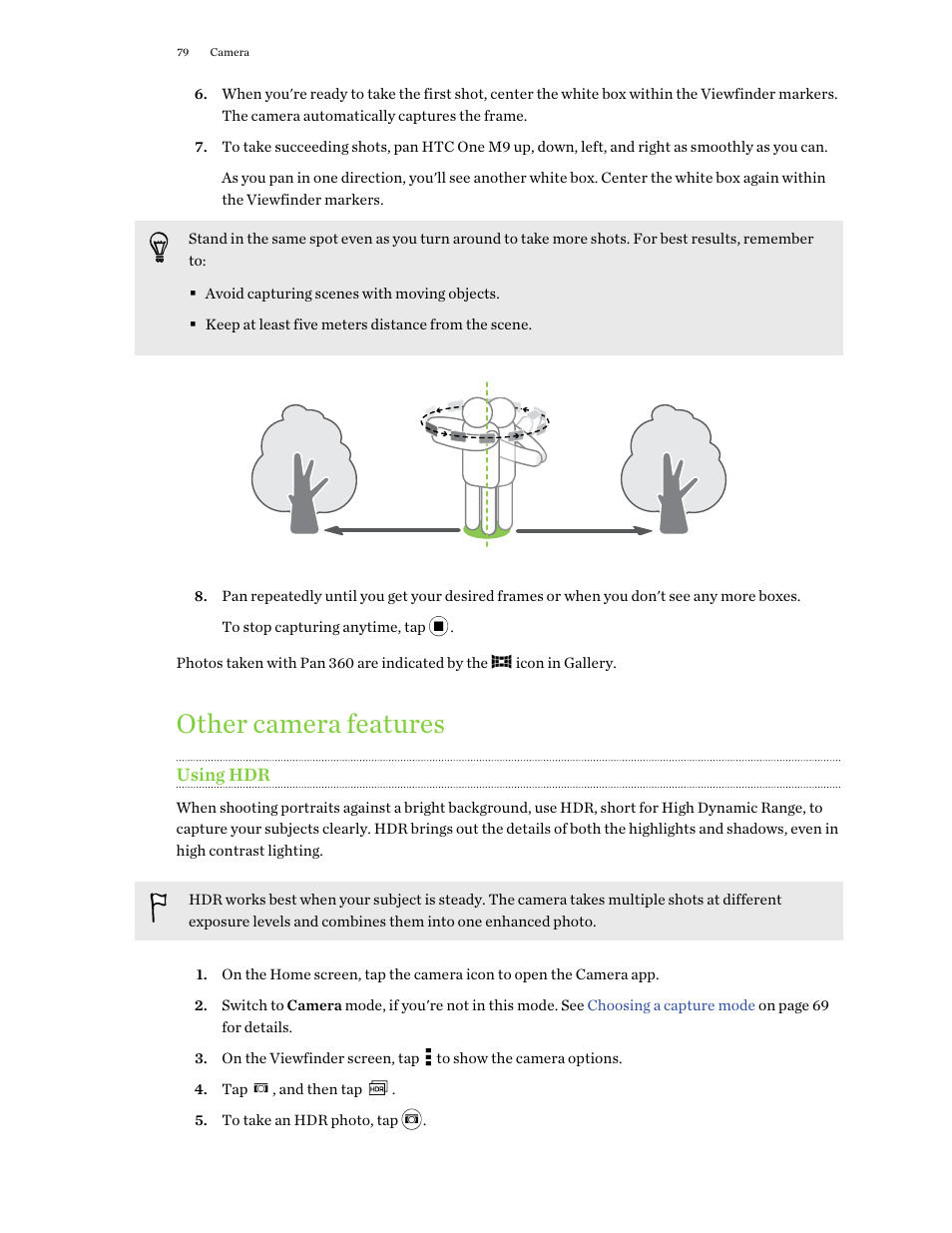 Other camera features, Using hdr | HTC One M9 User Manual | Page 79 / 197