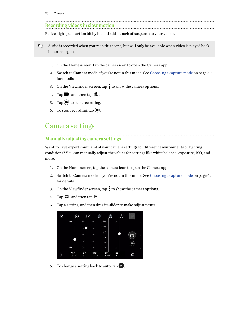 Recording videos in slow motion, Camera settings, Manually adjusting camera settings | HTC One M9 User Manual | Page 80 / 197