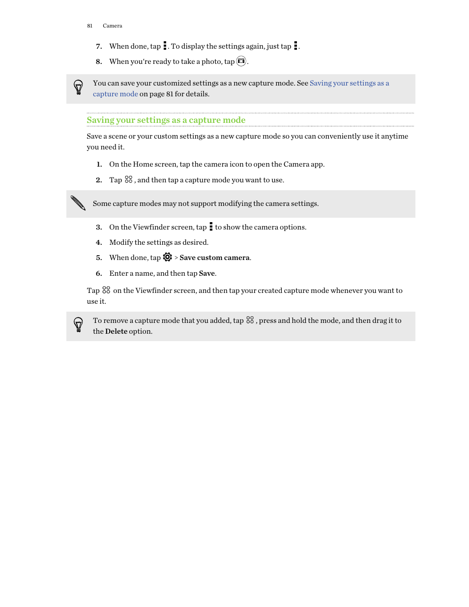 Saving your settings as a capture mode | HTC One M9 User Manual | Page 81 / 197